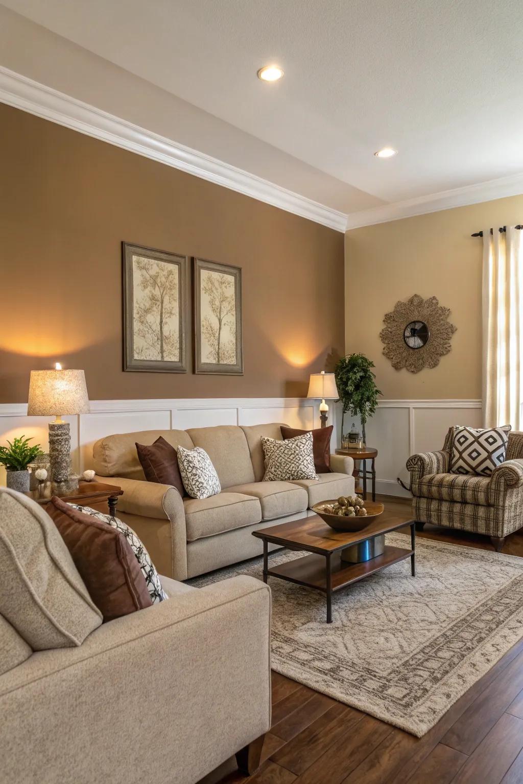 Living room showcasing cozy neutral two-toned walls.