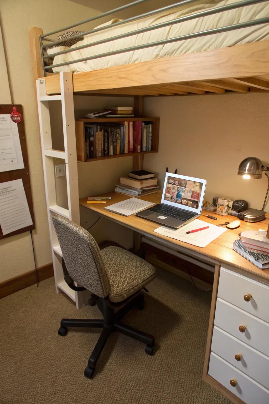 A productive mini bureau beneath the bunk bed.
