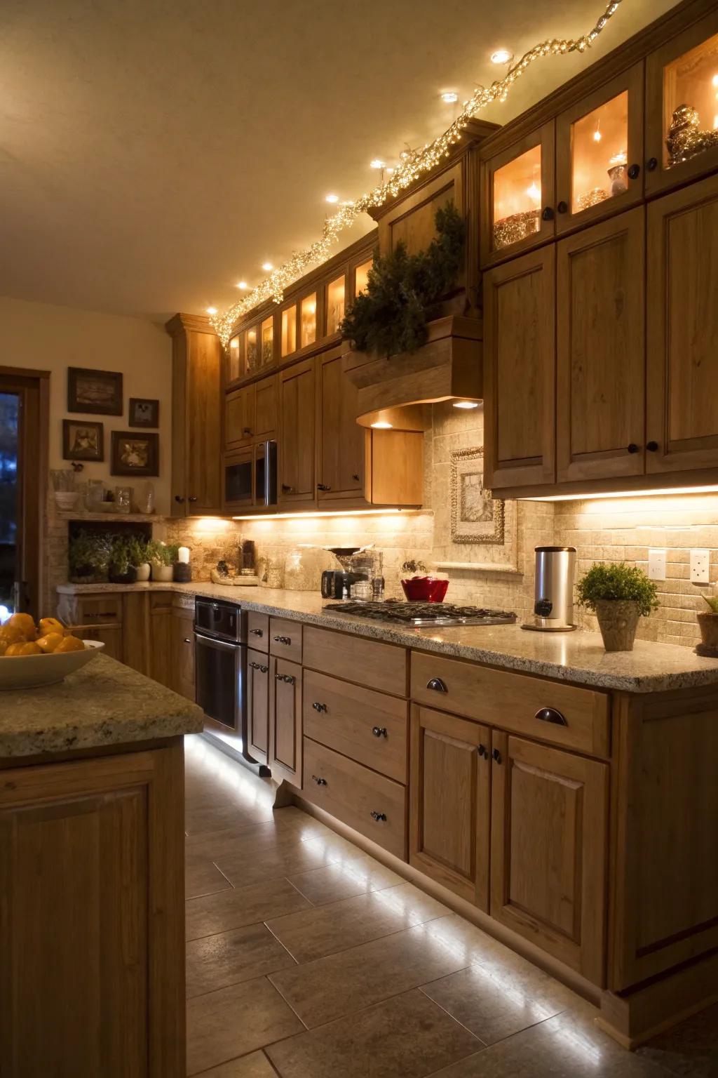 Warm white lights create a comforting and inviting kitchen atmosphere.