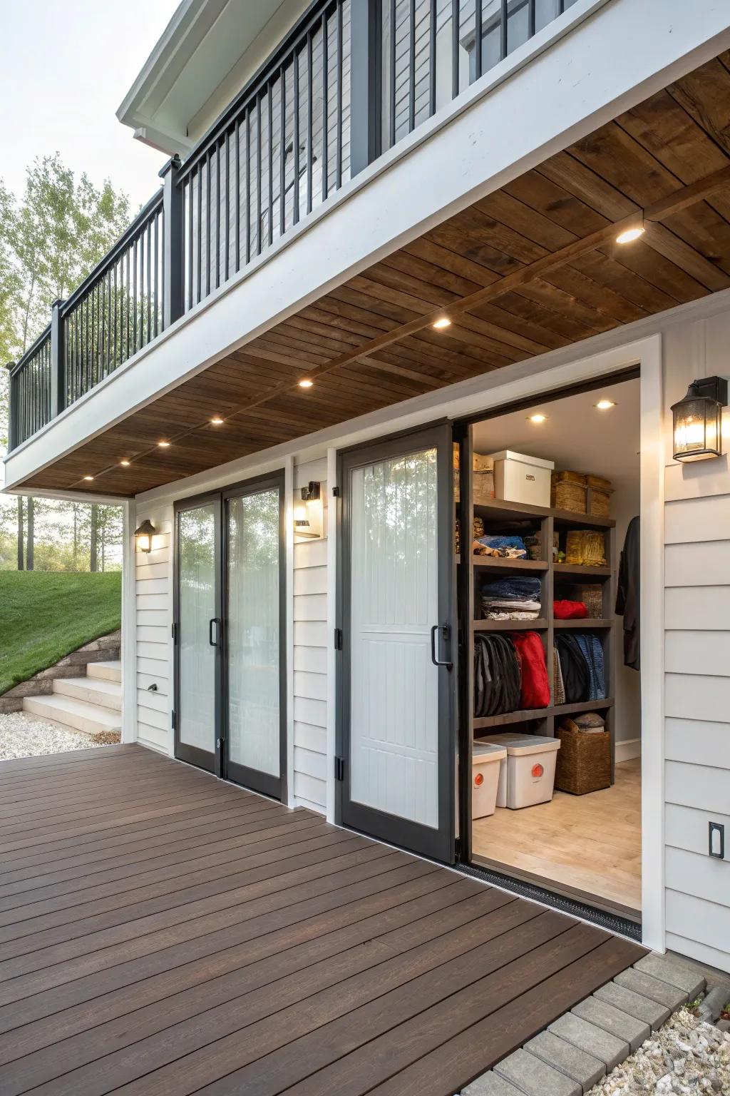 Convenience and style are added to under-deck storage areas with access doors.