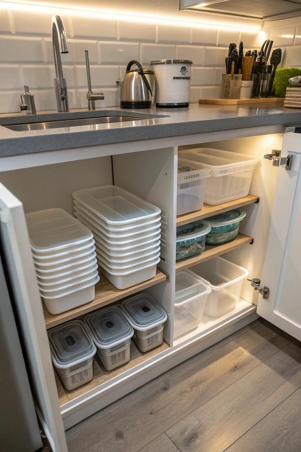 Stackable bins help optimize vertical space and organization.