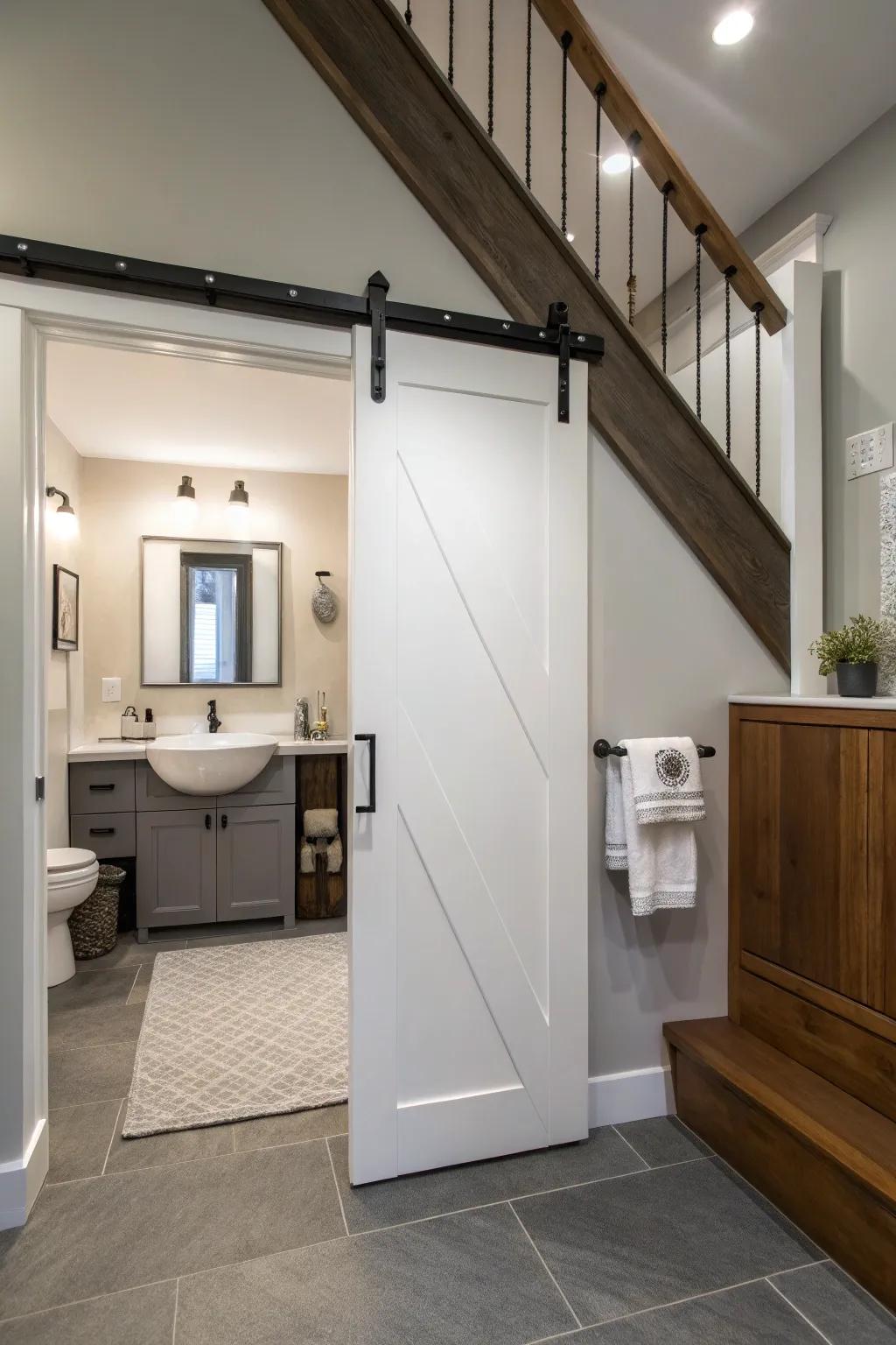 A washroom under the stairs with a sleek sliding door for space-saving access.
