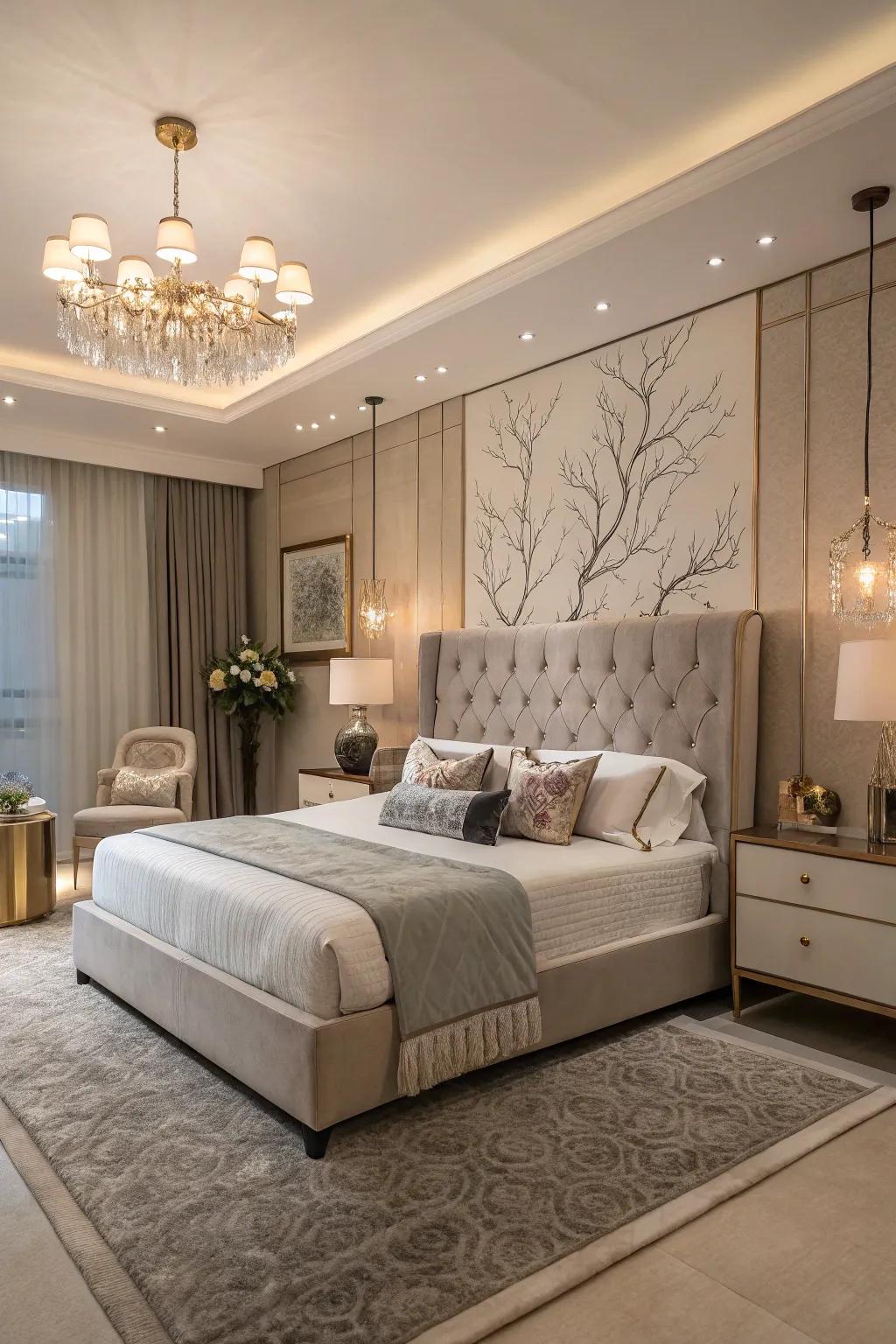 This contemporary room has a sleek, low-profile bed that exudes comfort.