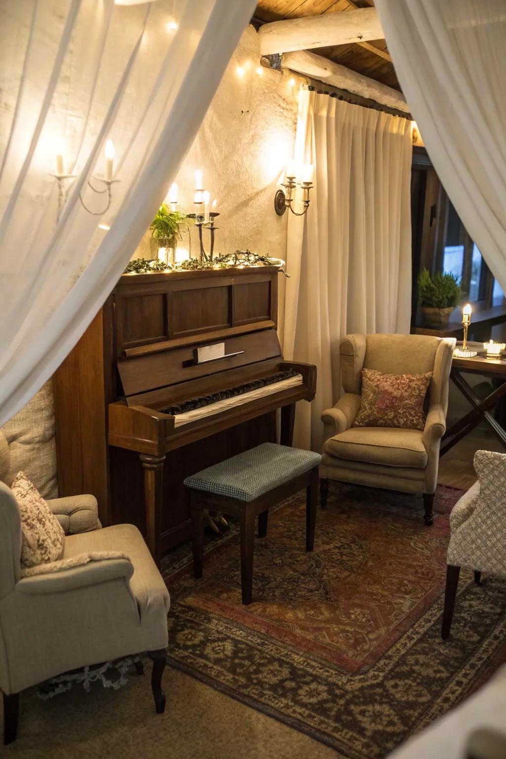 A snug nook showcasing an upright piano, comfortable seating, and soft lighting.