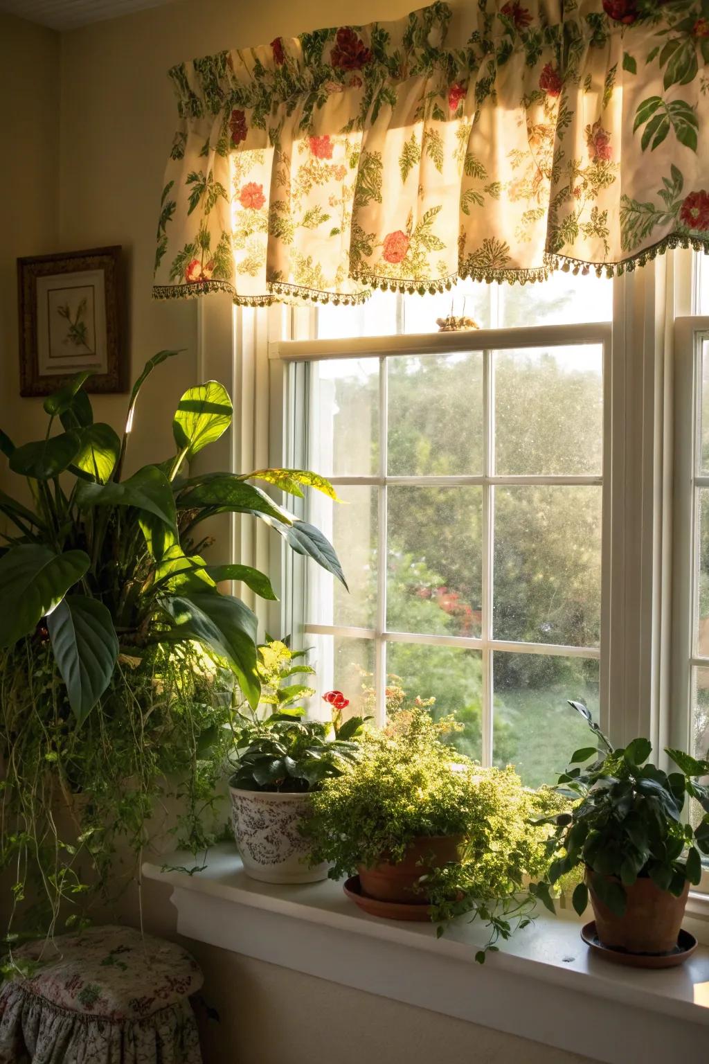 A sunny, plant-filled room featuring a window with a floral valance.