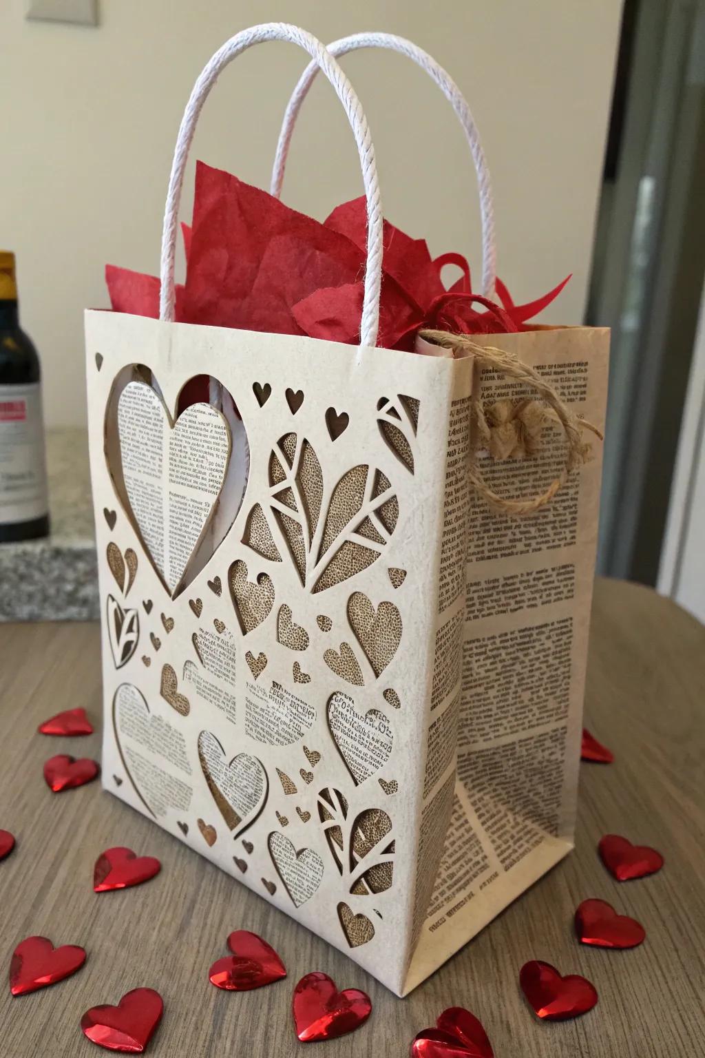 Environmentally conscious Valentine's surprise bag featuring reused materials.