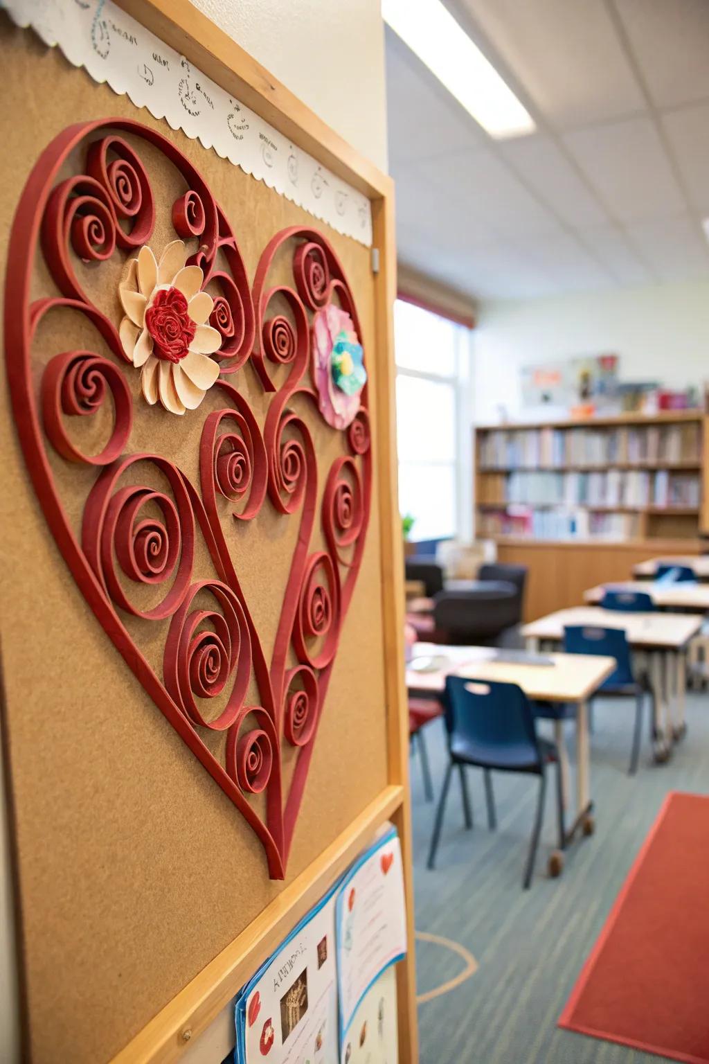 A Quilled Heart Art bulletin board featuring detailed paper curls.