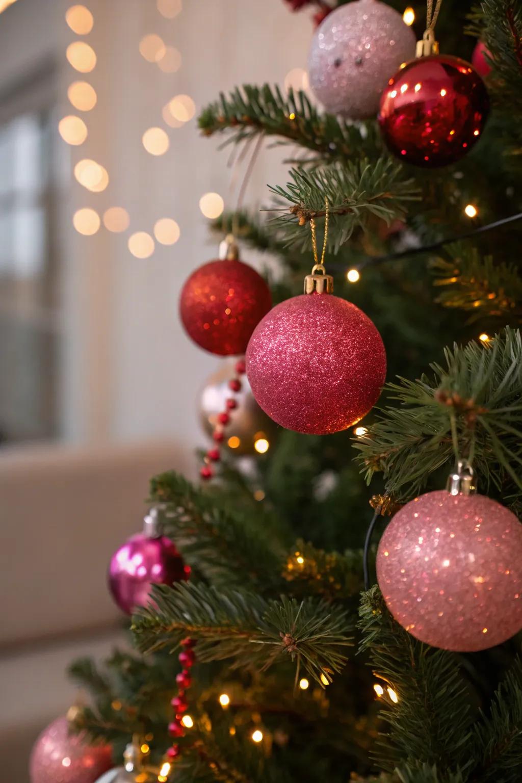 Glittery ornaments add sparkle and enchantment to your tree.