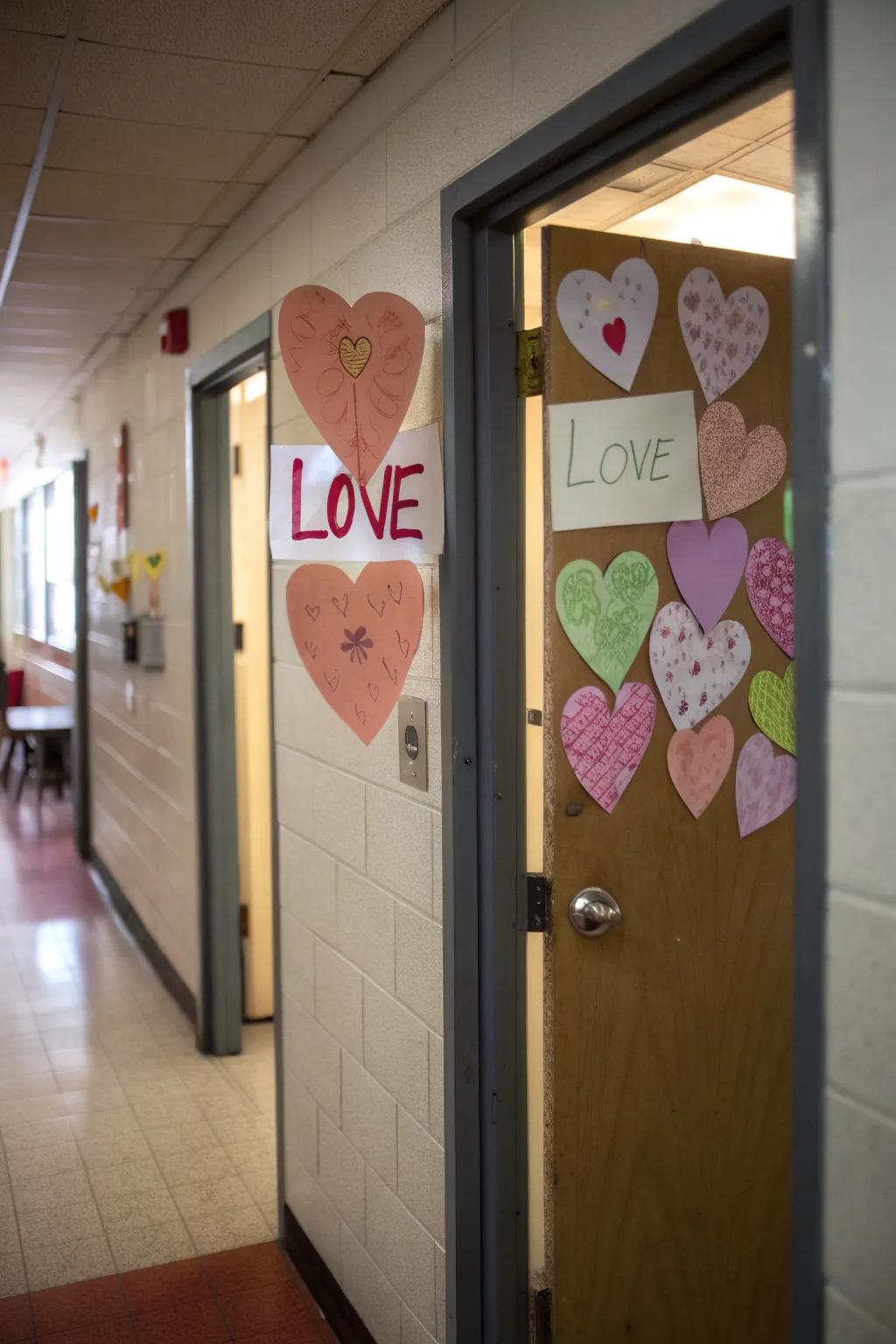 A classroom door featuring heart-contoured notes using personal words of affection.