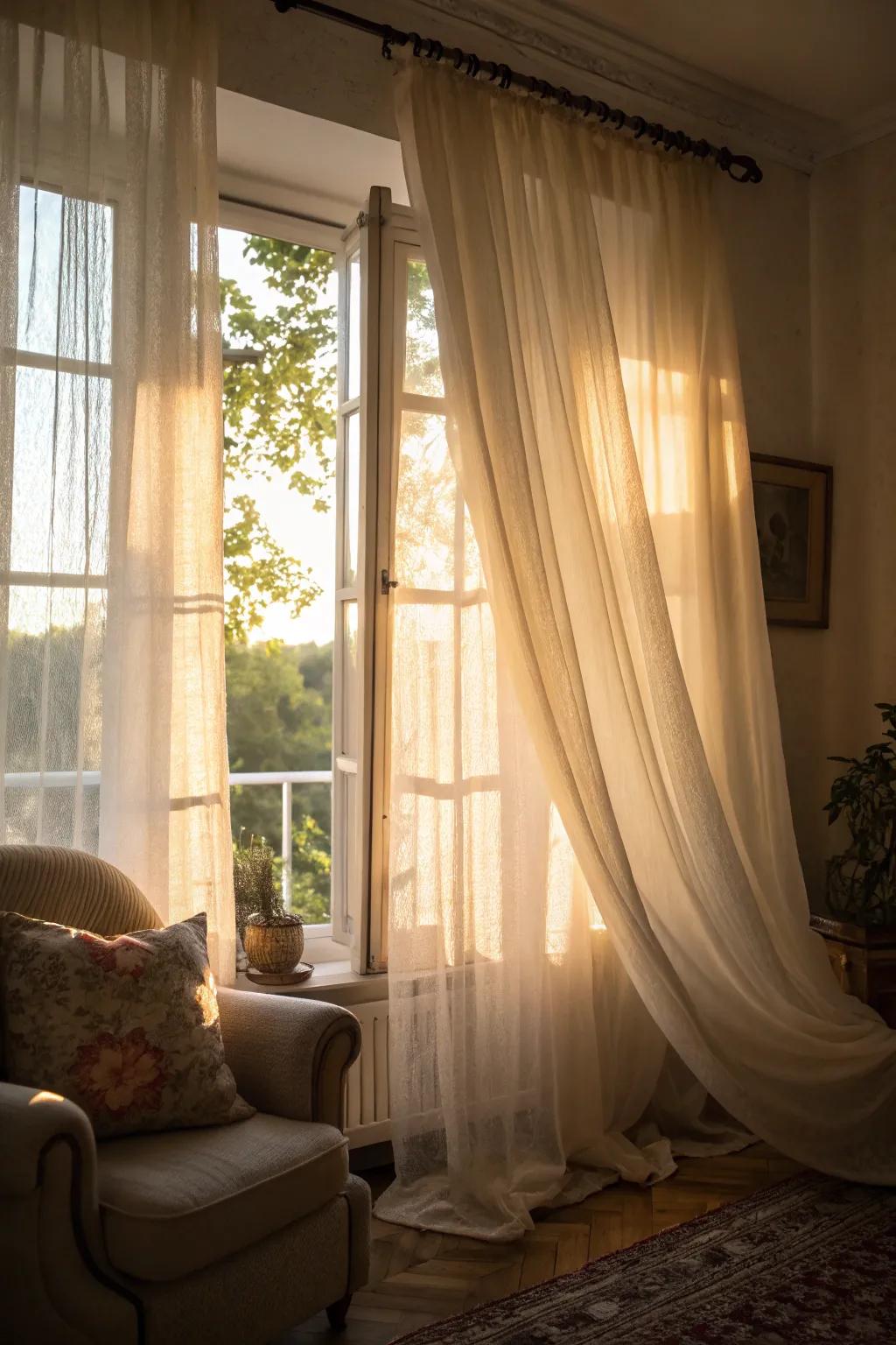 Sheer draperies fashion a dreamy, romantic ambiance.