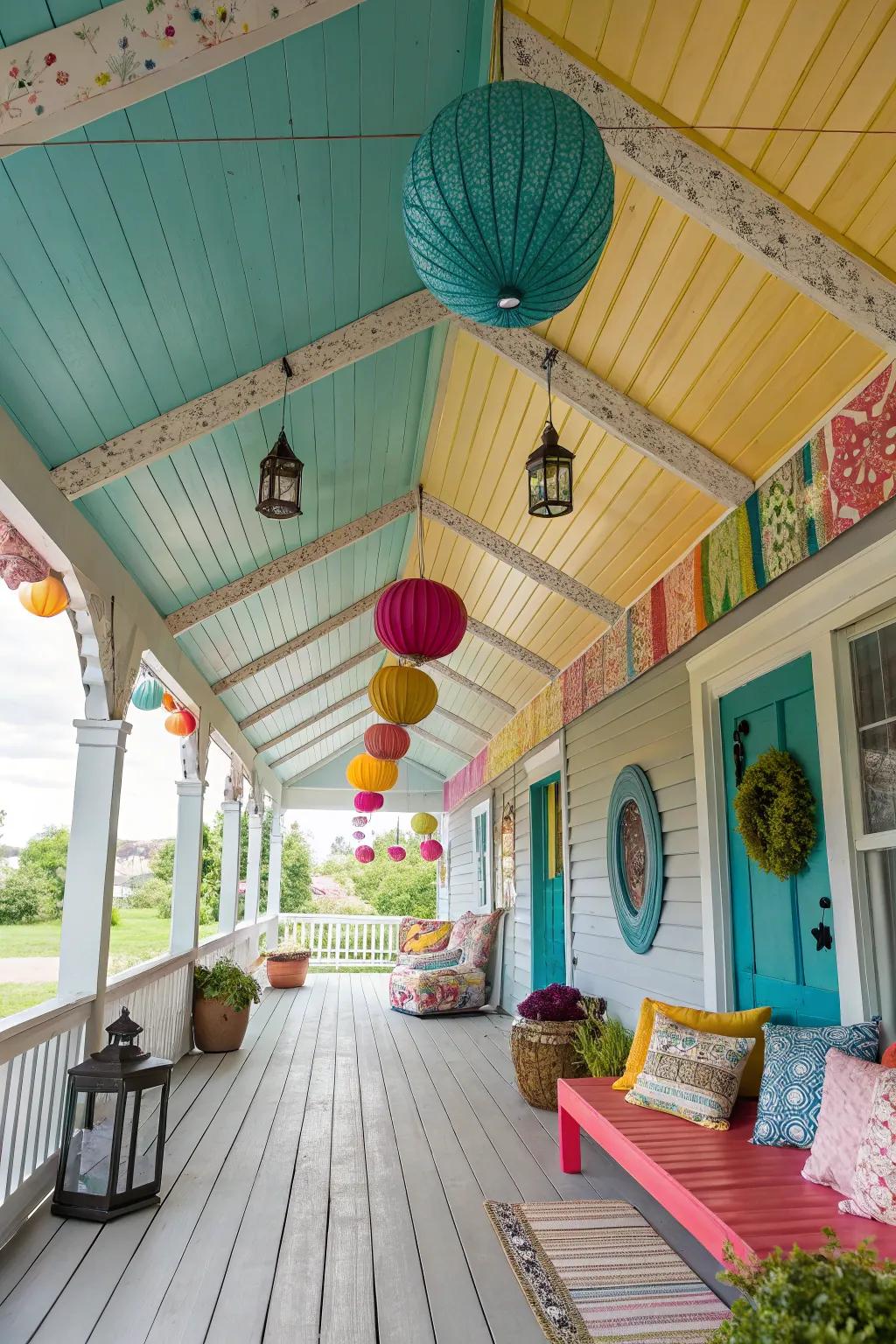 Present joy through a colorful plank ceiling.