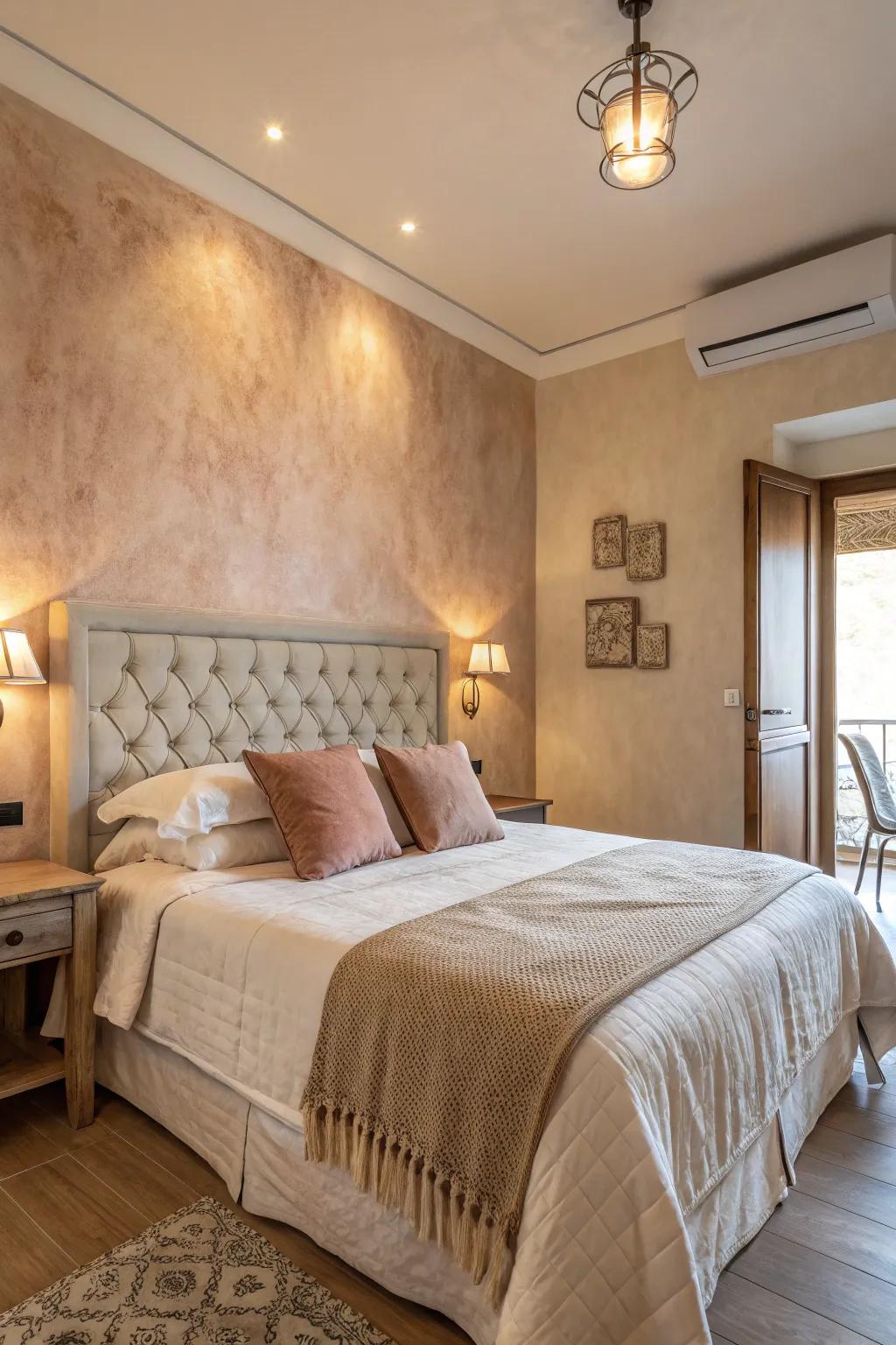 Create a stunning point of interest using a Venetian plaster headboard.