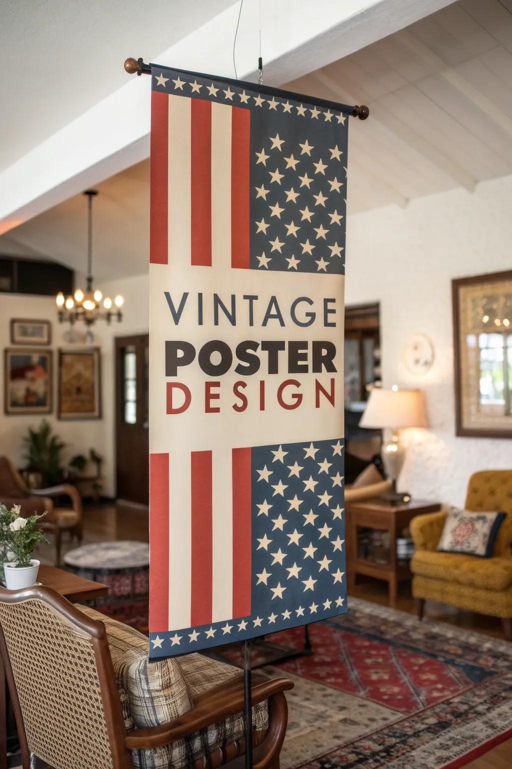 A retro living room gains nostalgic appeal from a vintage poster banner.