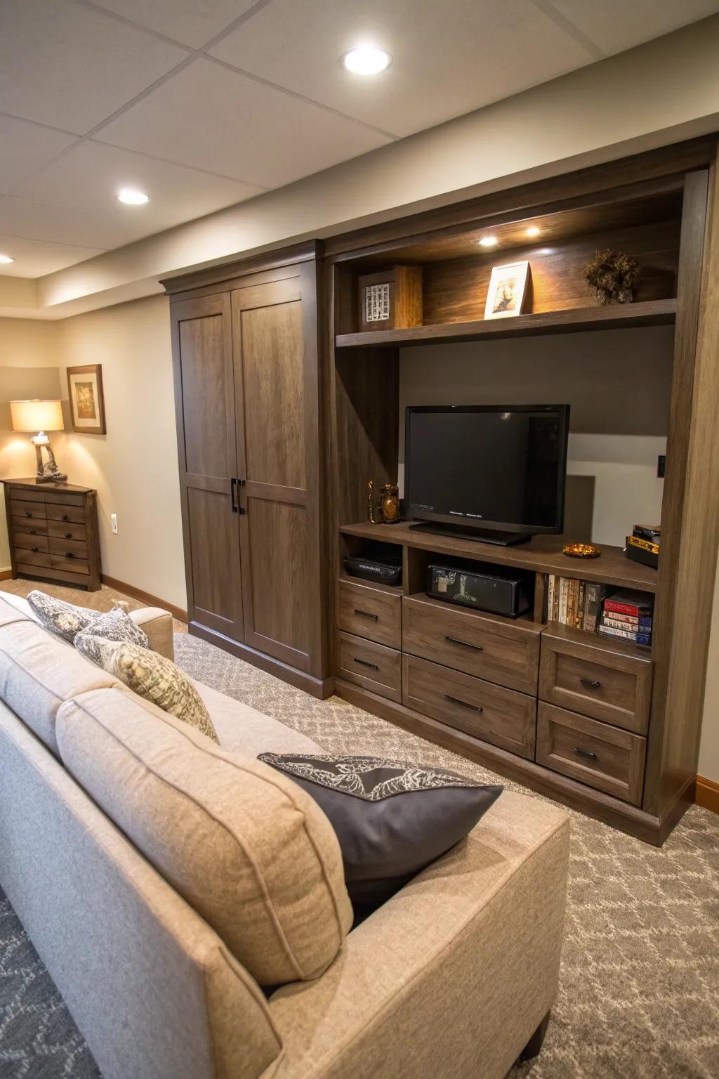 Hidden storage helps keep the space tidy and organized