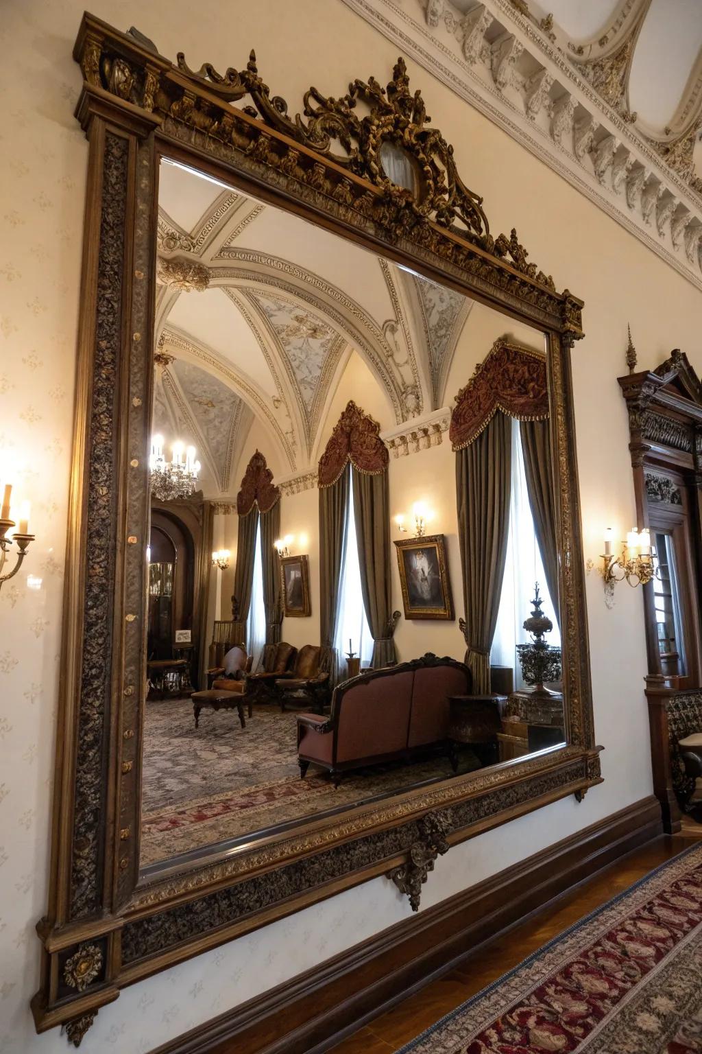 Antique mirrors impart magnitude and essence.