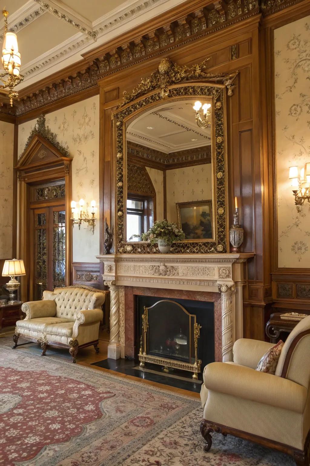 A gilded reflector above the fireplace incorporates elegance and illumination to the space.