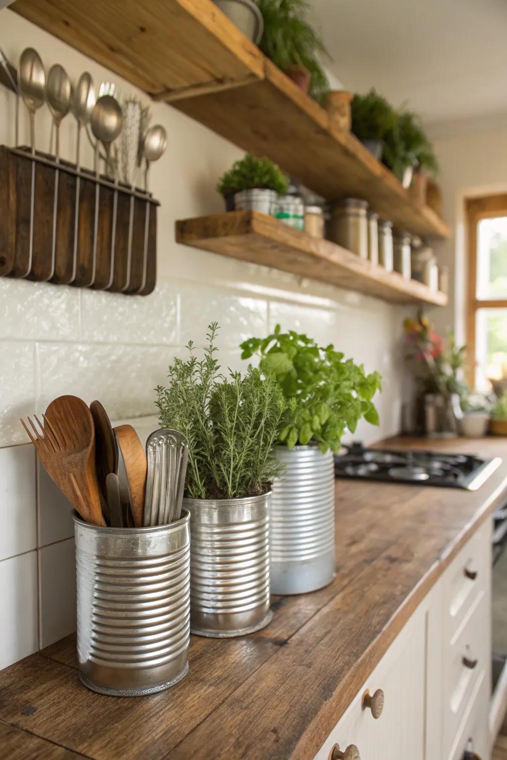 Vintage cans creatively repurposed as quirky storage in the kitchen.