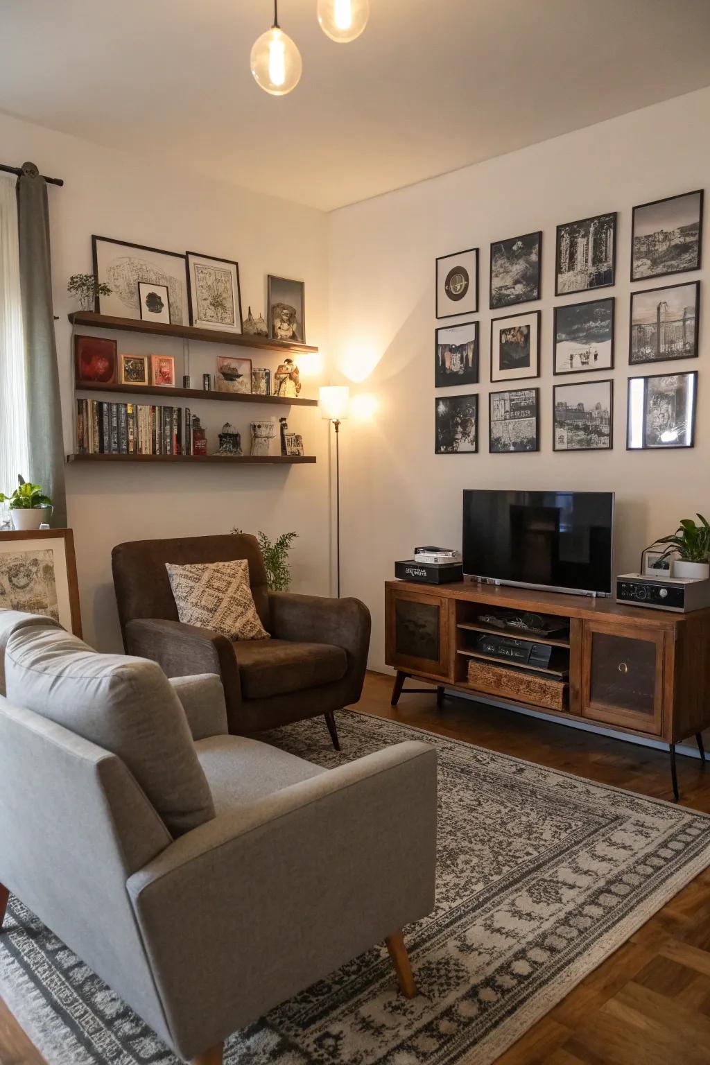 A living room showcasing a mix of retro and contemporary design elements.