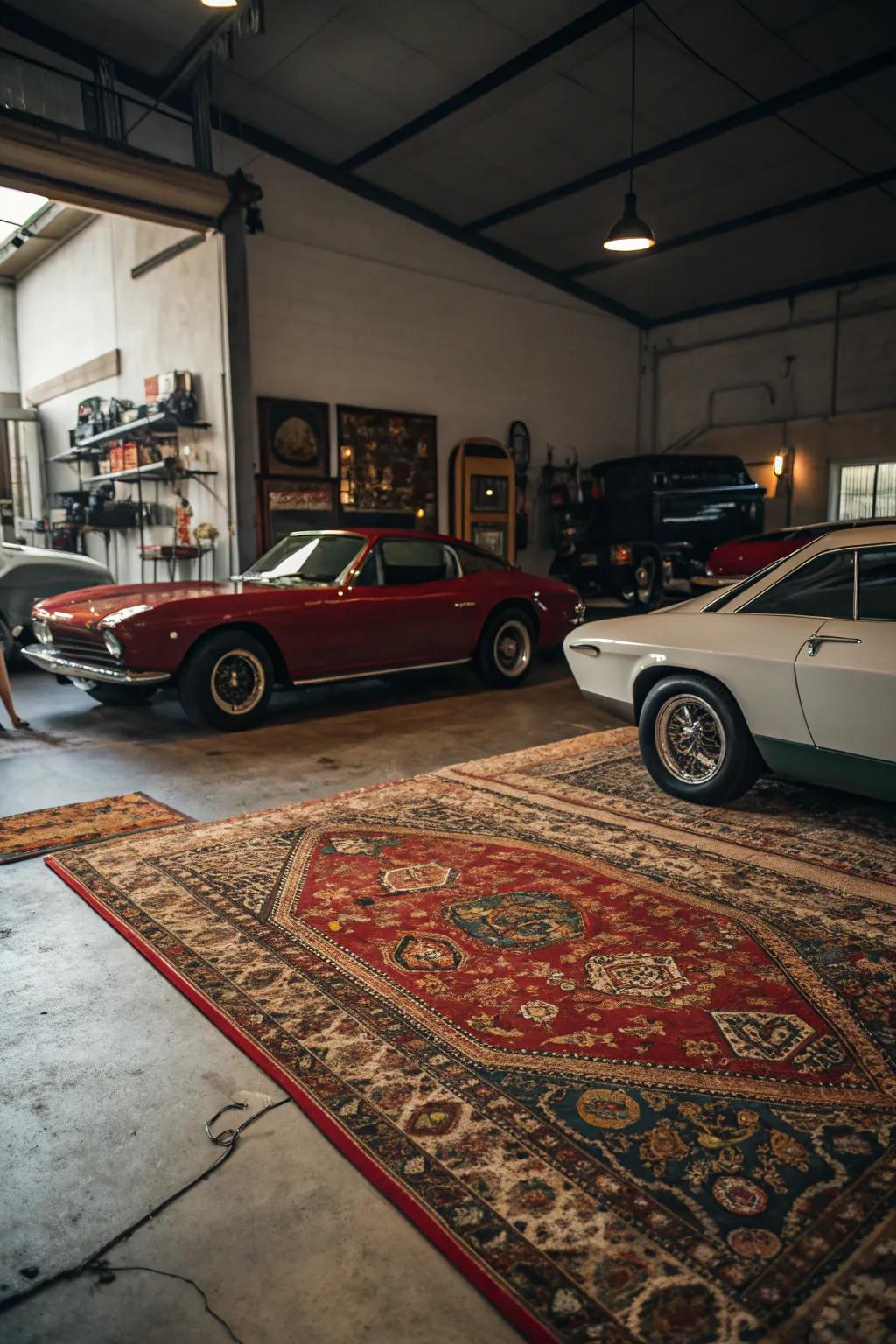 Vintage rugs impart warmth and texture to the garage floor.