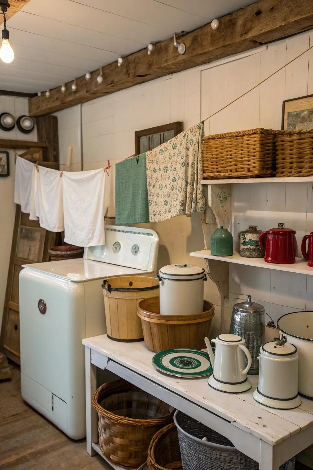 Charming enameled ware pieces that enhance the vintage theme.