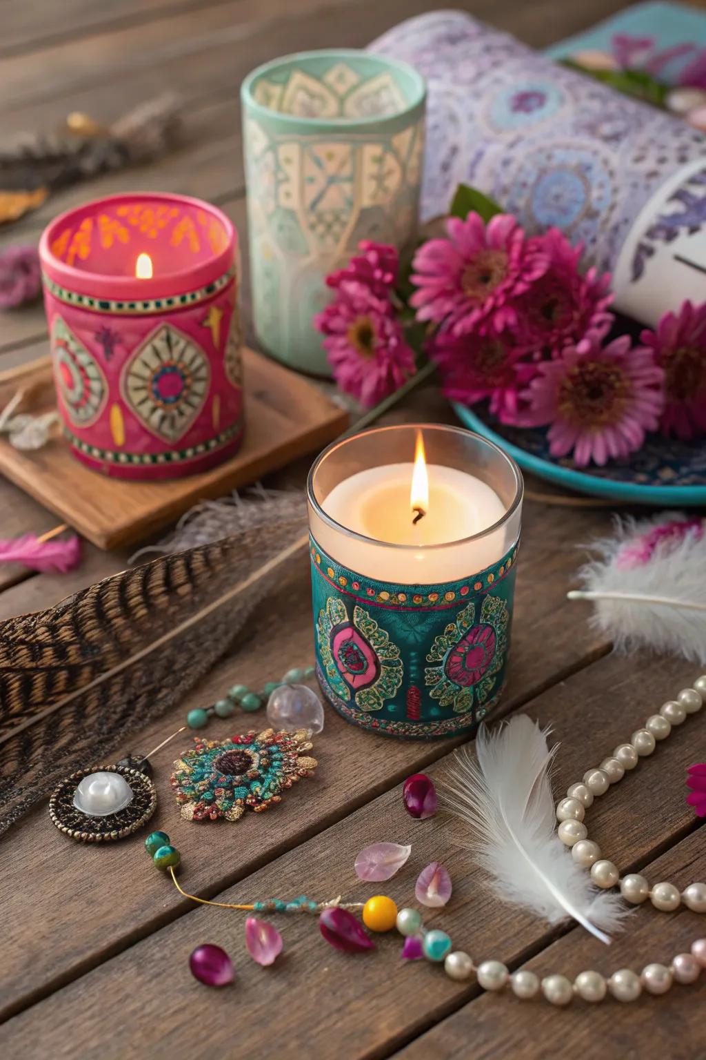 Diverse vessels contribute a free-spirited vibe to votive candles.