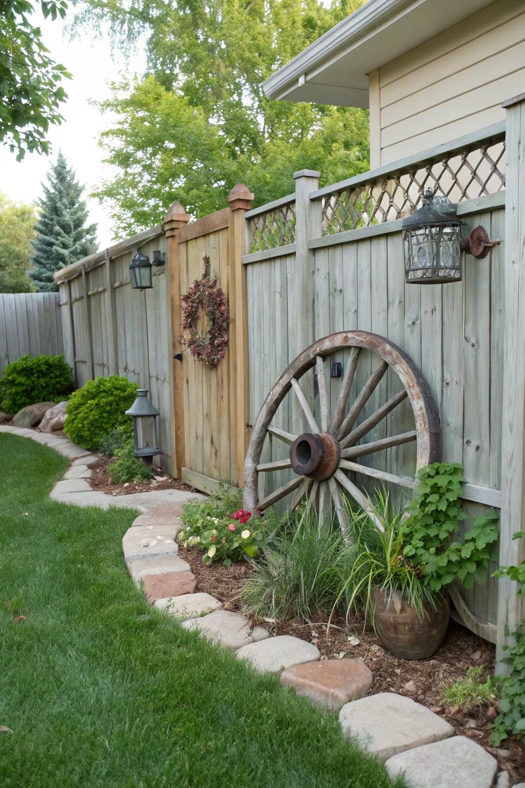A cartwheel artistically incorporated into a backyard perimeter fence, contributing visual interest.
