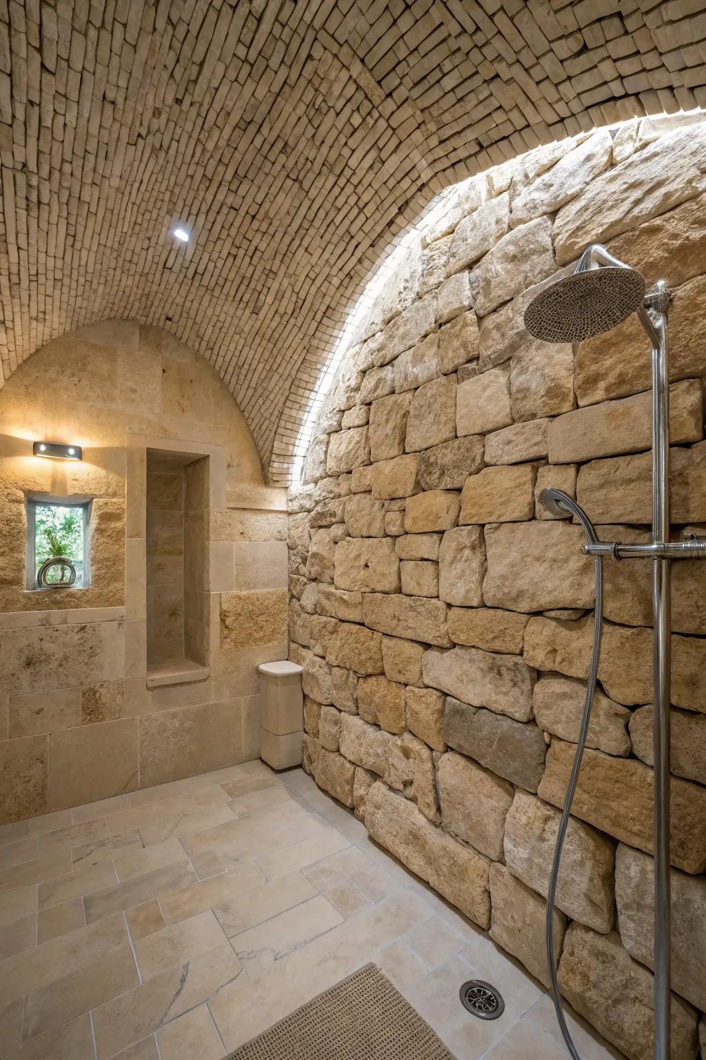 Shower with rounded ceiling and rock textures.