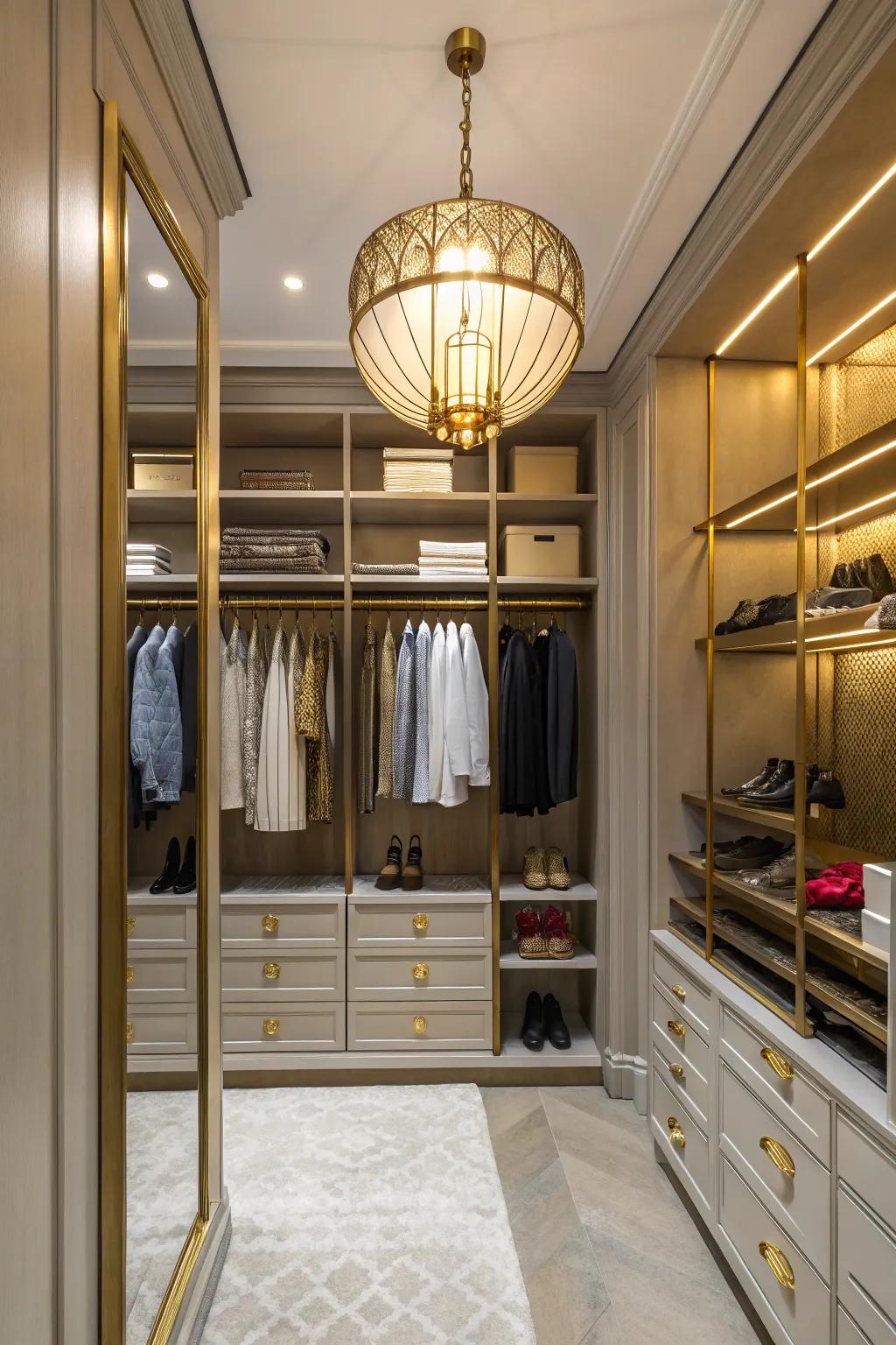 Glamorous touches like gold hardware giving the closet a dash of luxury.