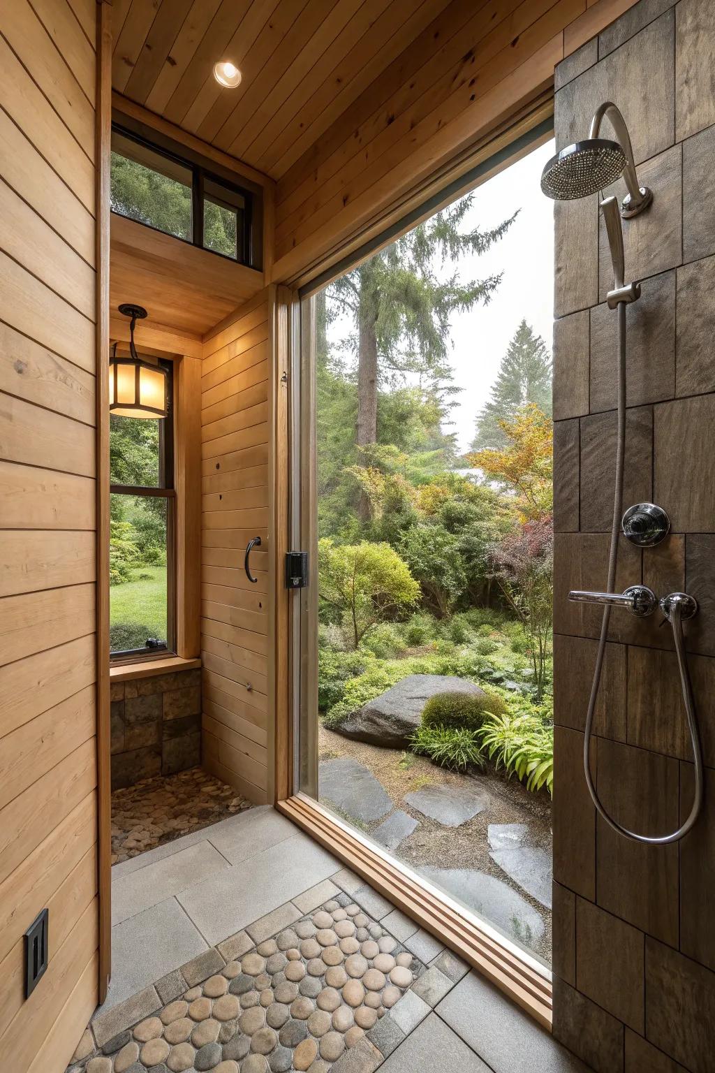 A window garden viewed from a walk-in shower, creating a serene, nature-inspired setting.