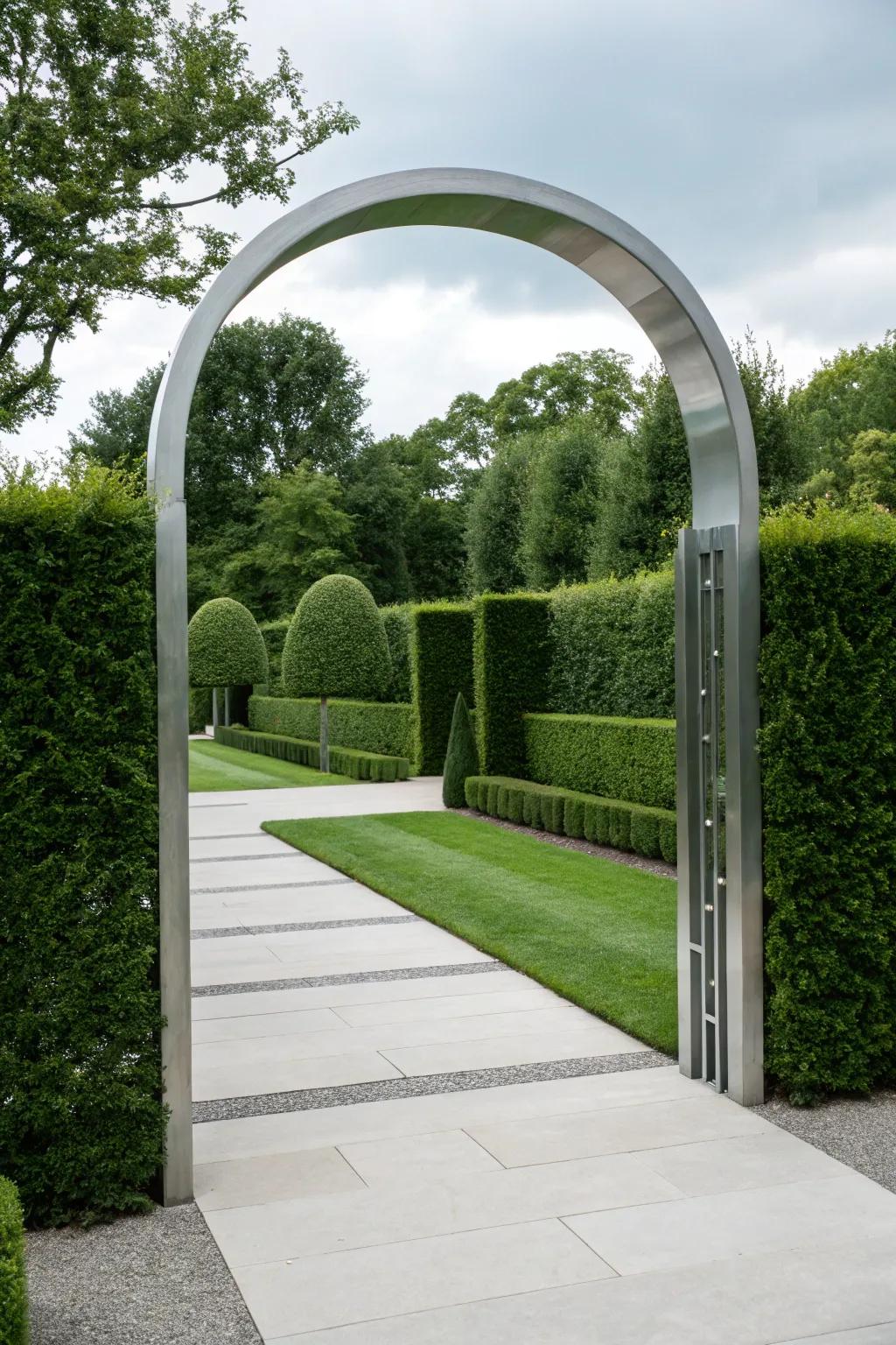 Minimalist archways offer streamlined grace in contemporary garden designs.