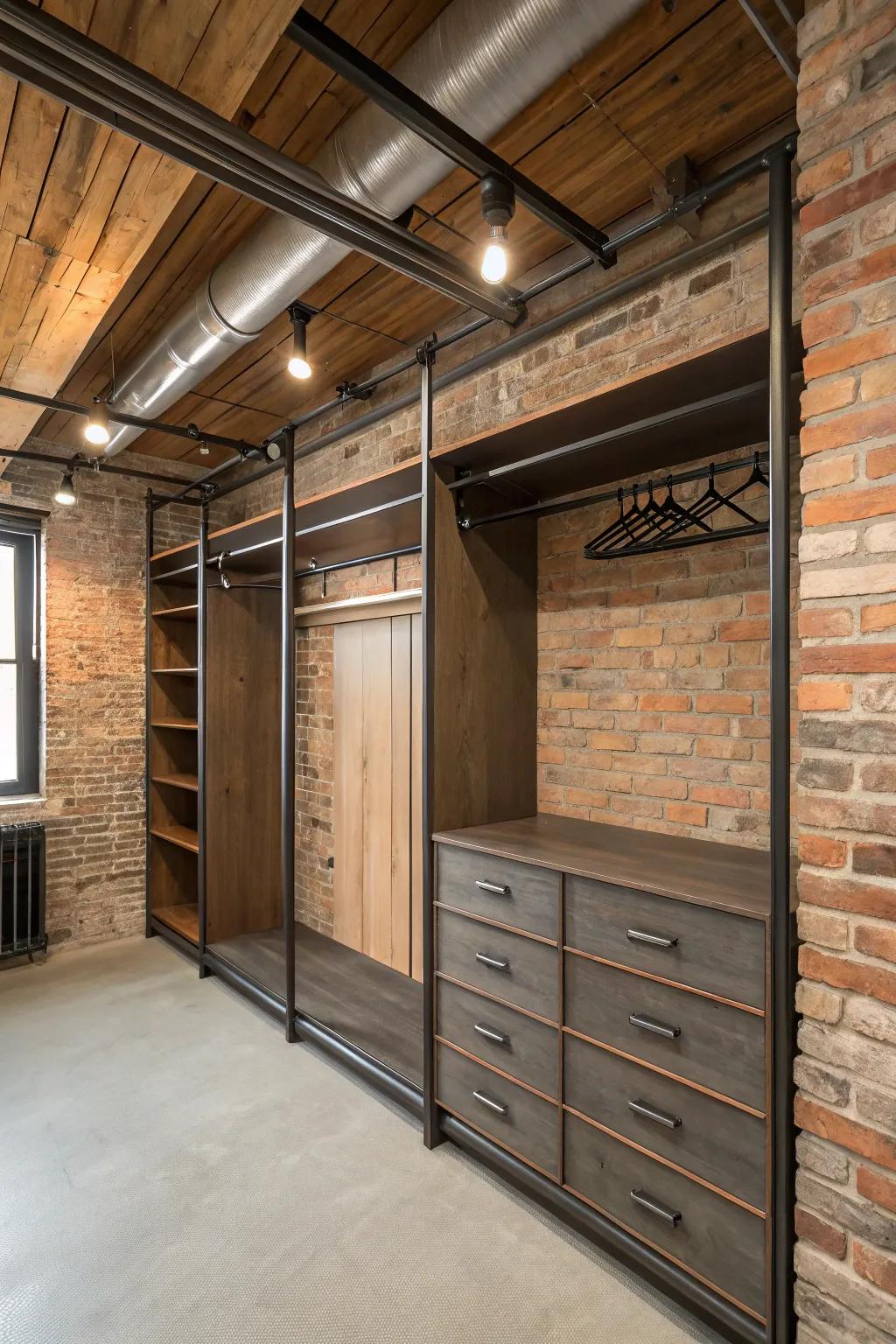 Steel rails add industrial chic to wall closets.