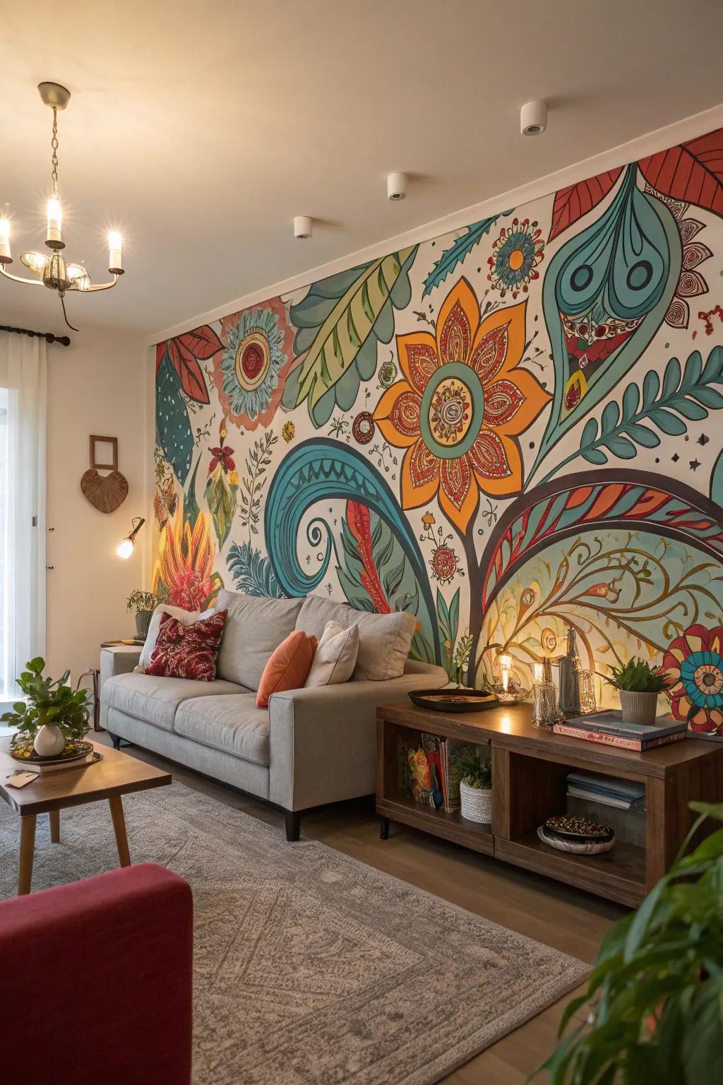 A wall-sized artwork can transform your living room into an artistic creation.