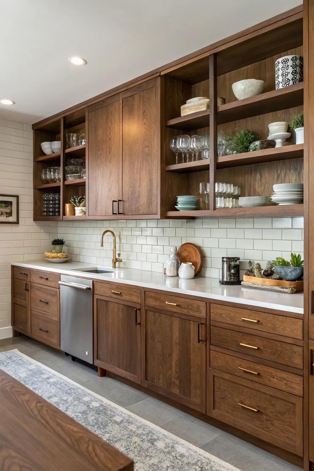 Exposed shelving complements the elegance of walnut units.