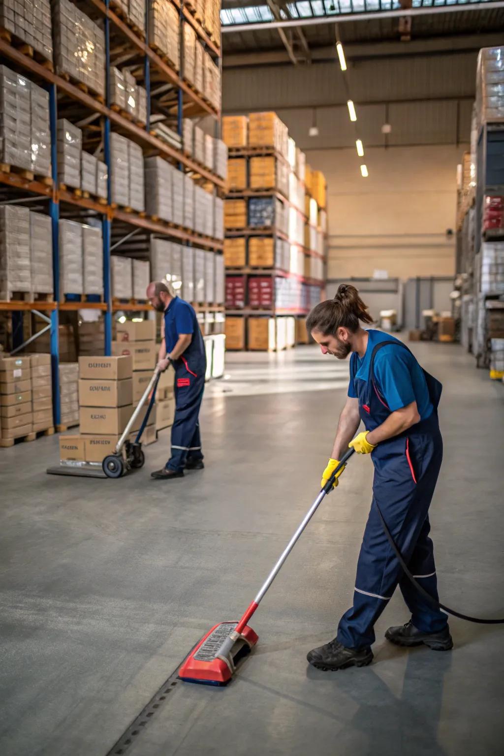 Following consistent cleaning schedules supports a tidy and functional warehouse atmosphere.