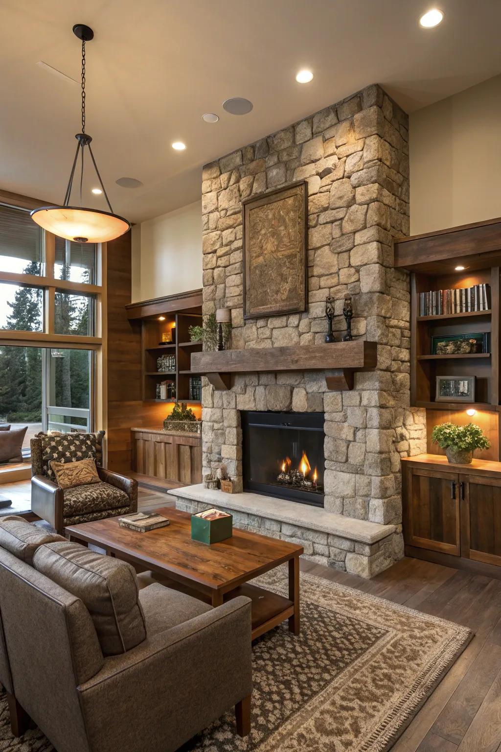 A rock hearth builds an inviting and cozy focal point.