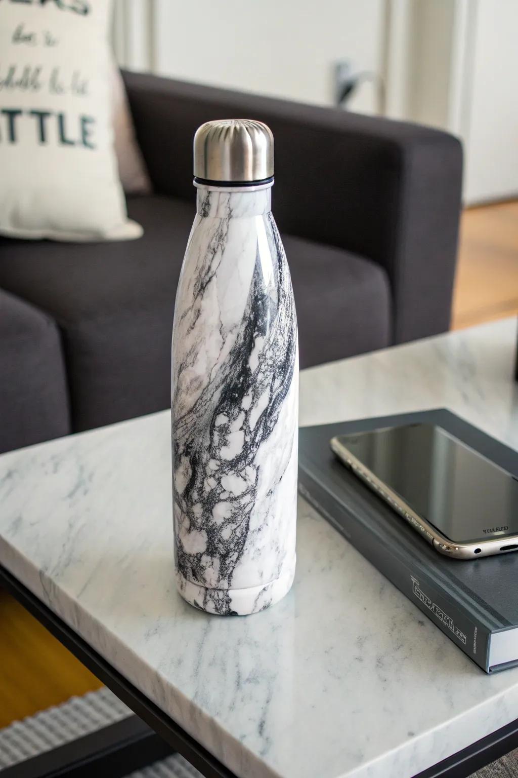 A chic drinking bottle exhibiting an agate effect design.