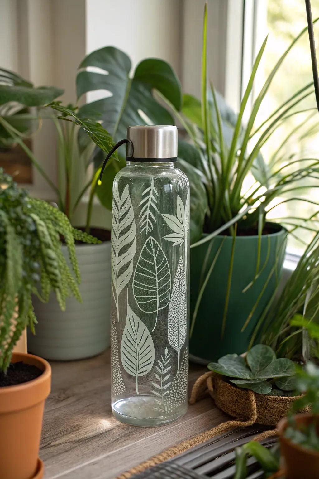 Nature-inspired reusable bottle decorations for a serene home setting.