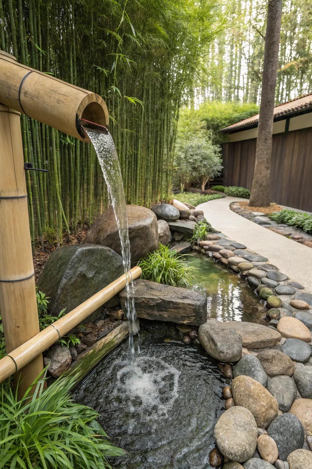 A bamboo waterfall infuses your garden with zen and tranquility.
