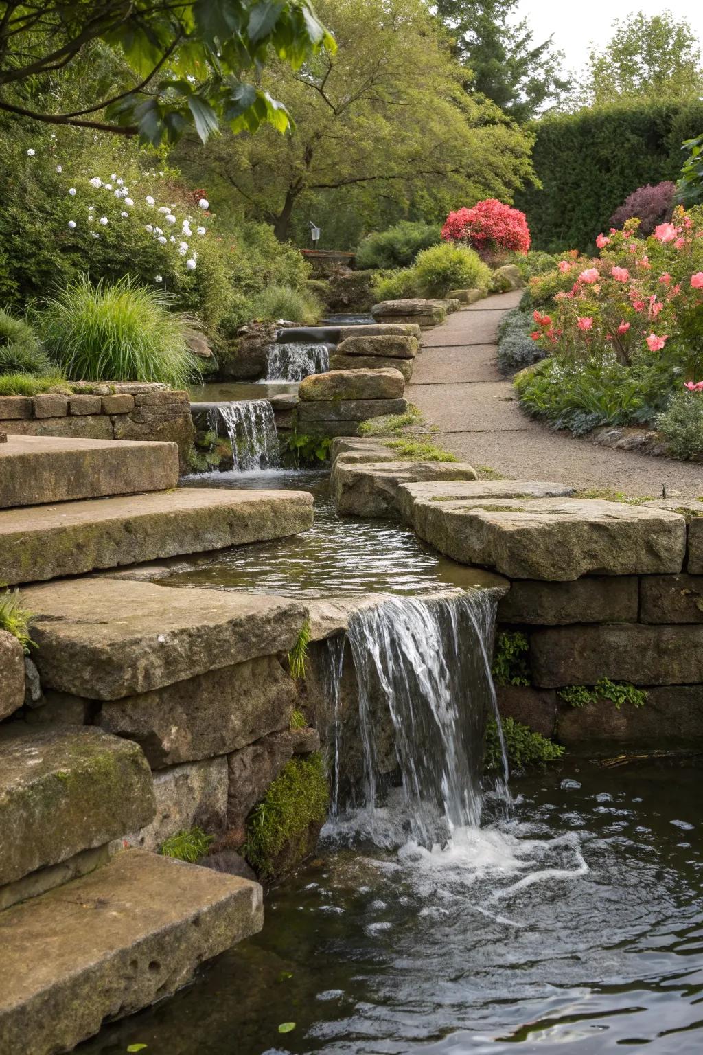 An elegant garden waterfall utilizes stone steps to make a multi-level effect.