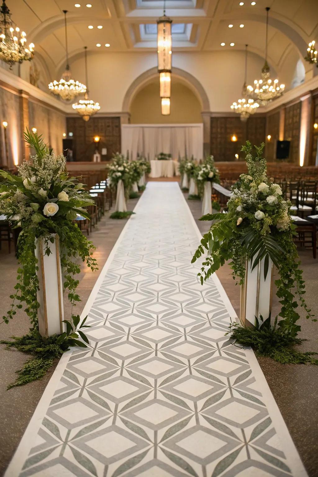A modern geometric pattern contributes a unique touch to the aisle.