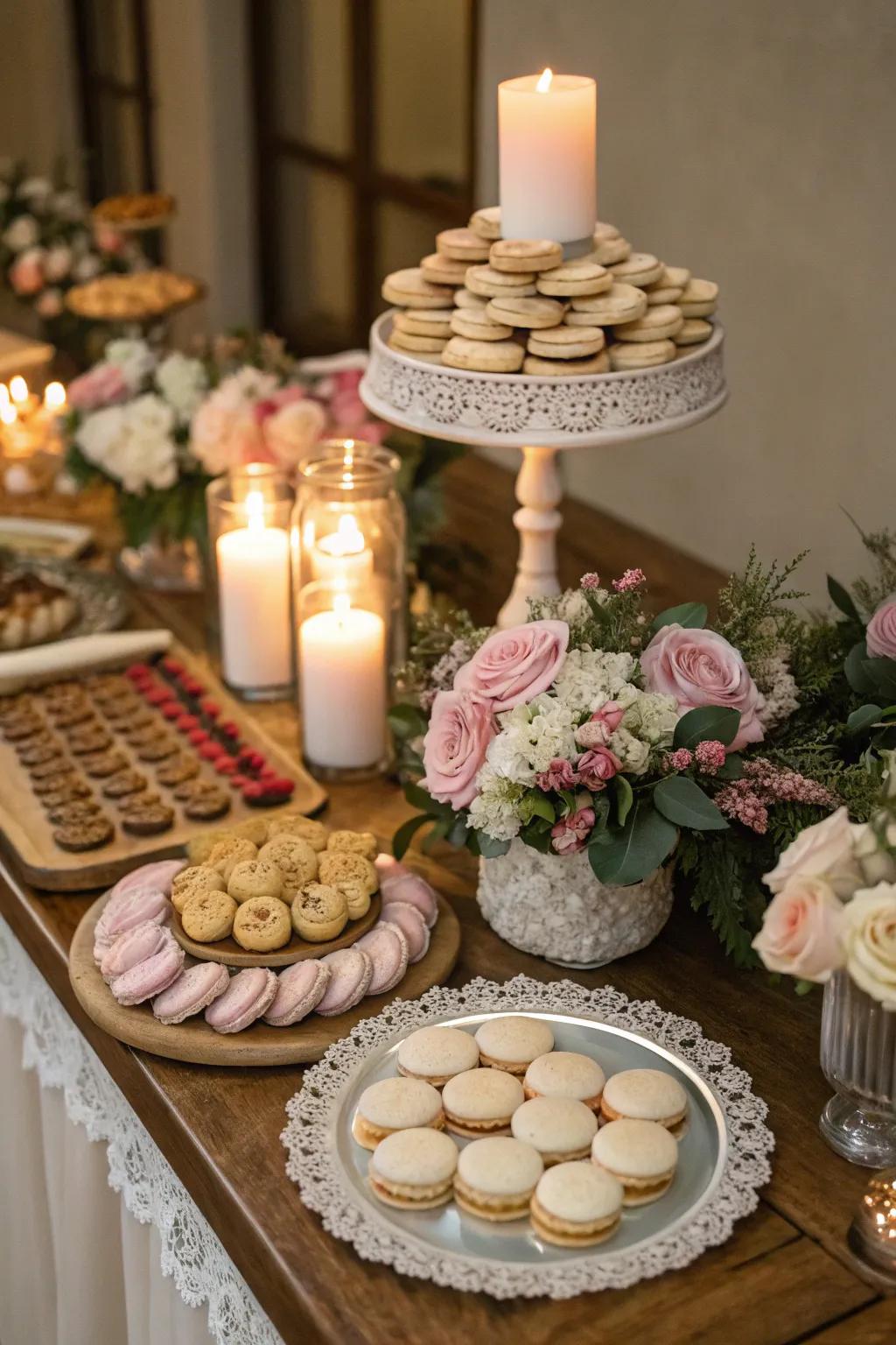 Candles create a warm ambiance on a wedding cookie table.