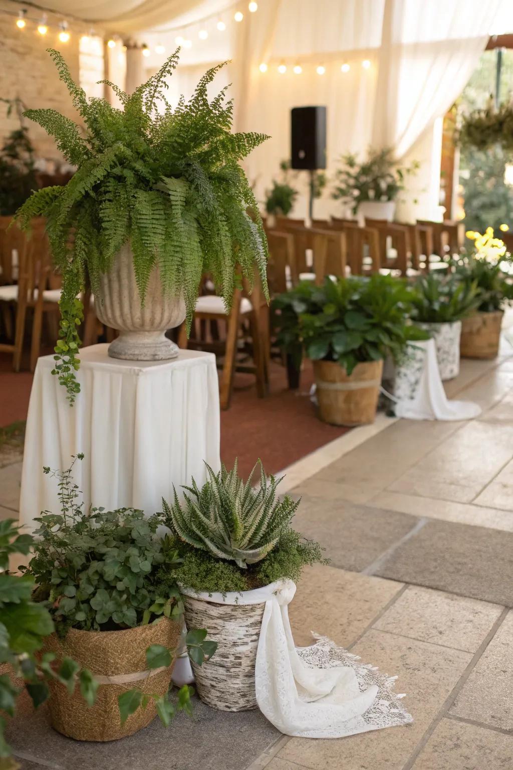 Wedding decor showcasing potted plants and sustainable elements for eco-friendliness.