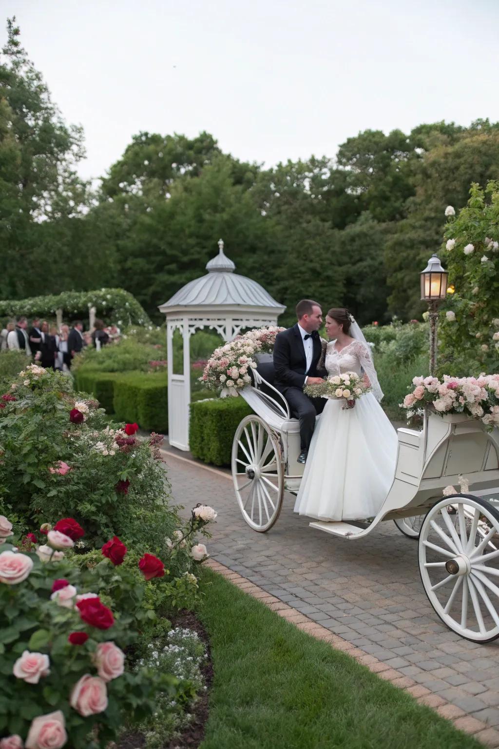 An equine-drawn buggy provides a fairytale start to the wedding pair’s special day.