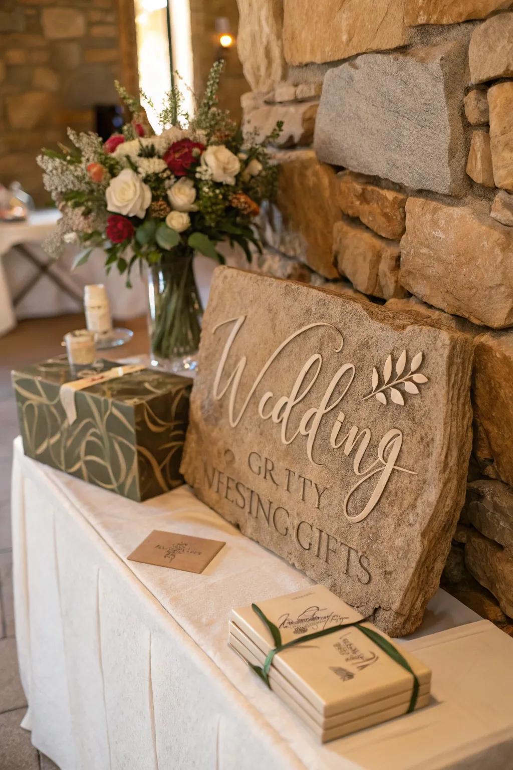 An engraved stone sign offers a unique natural touch.