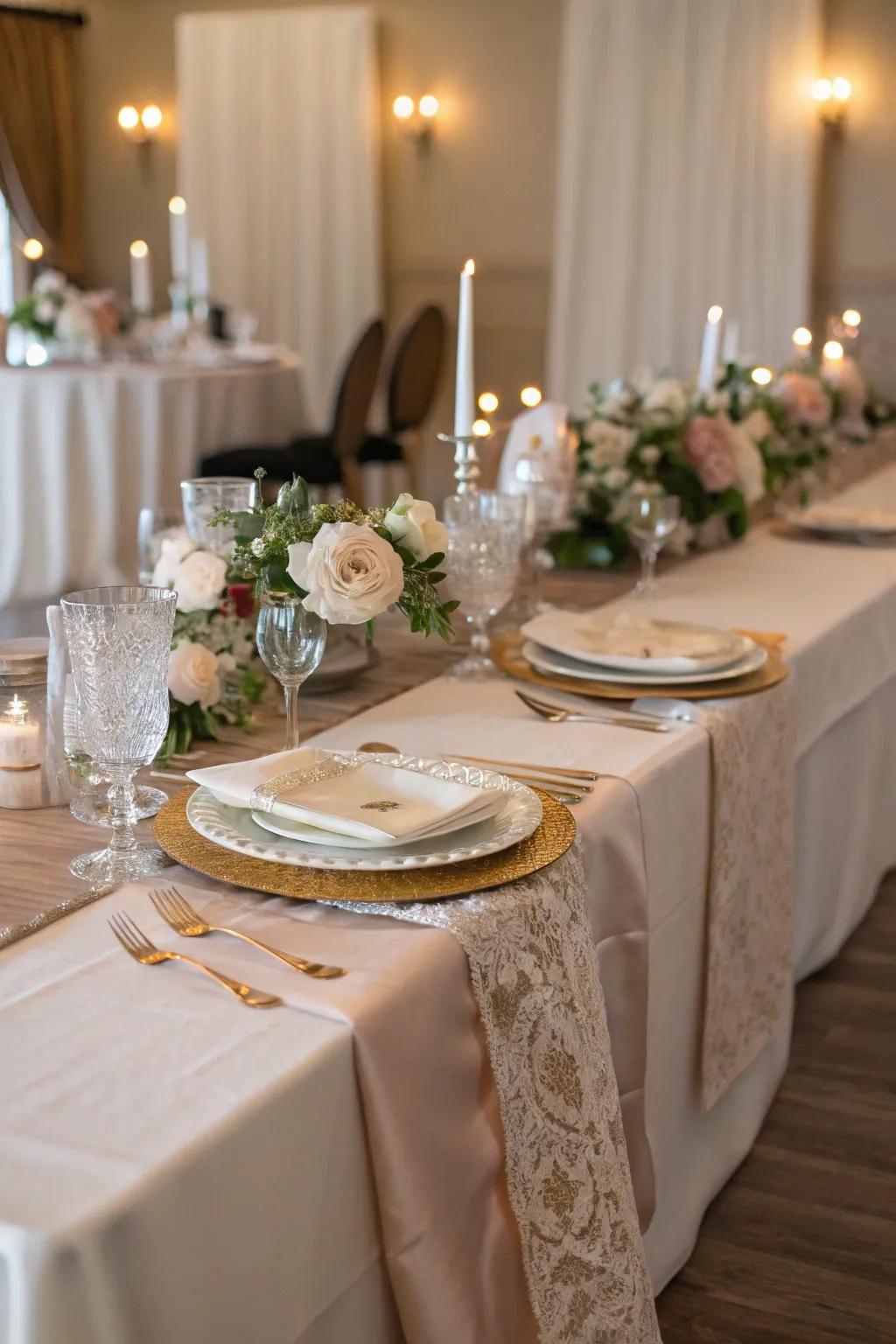 A fashionable textile runner adding texture to the head table.
