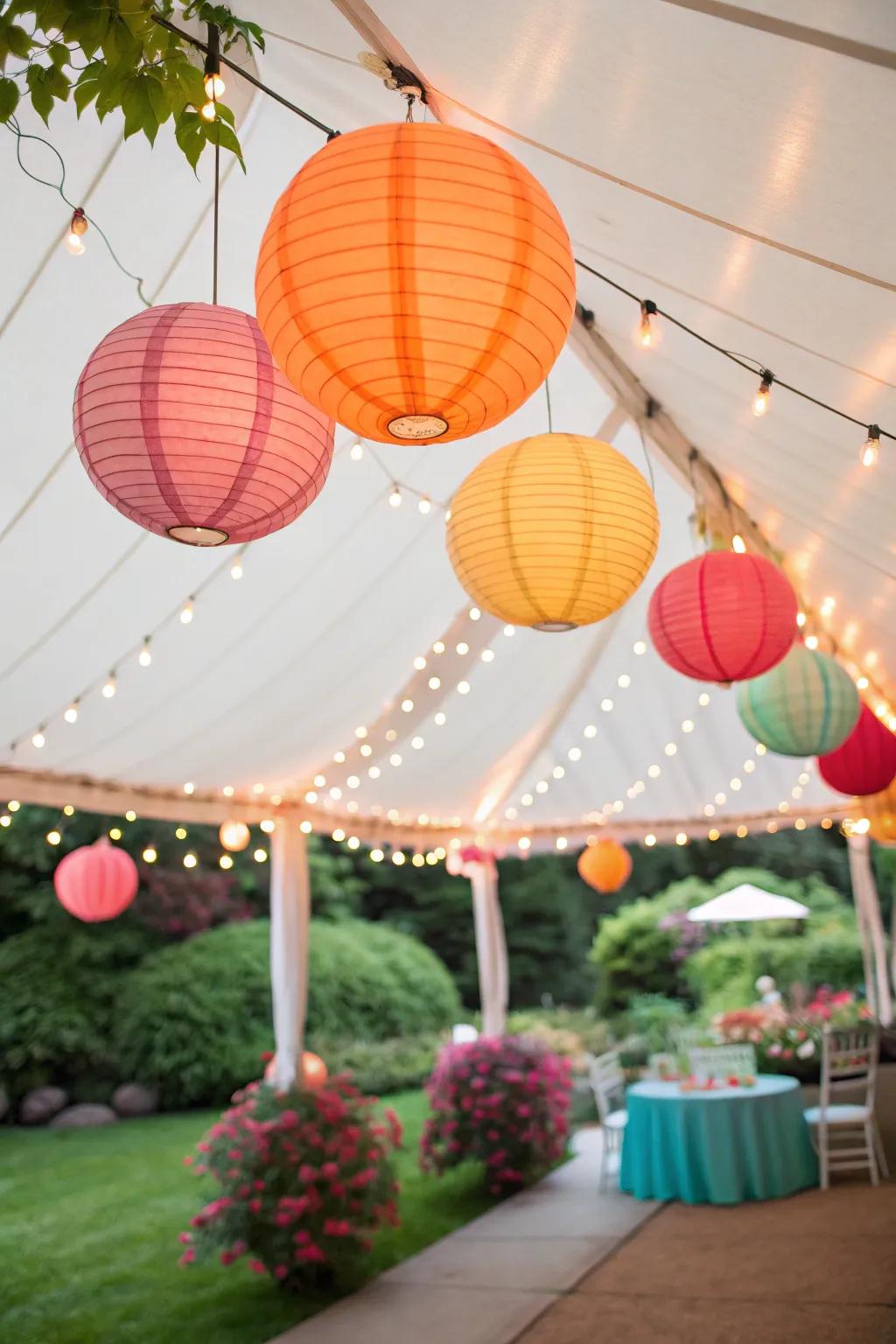 Colorful paper globes add a playful element to the décor.