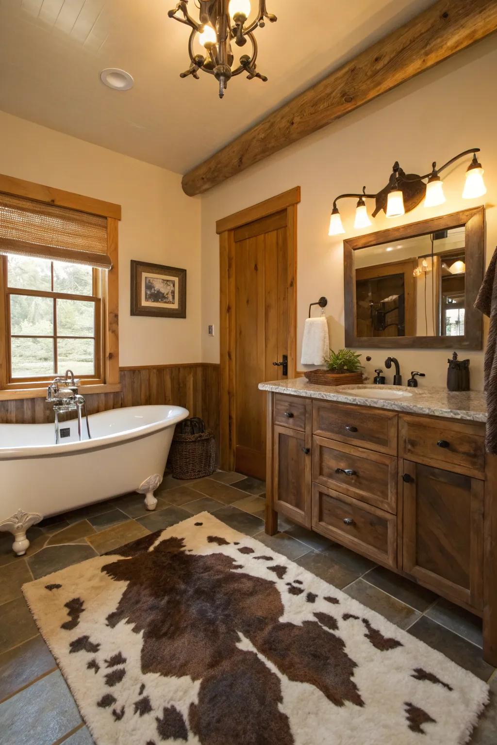 Cowhide accents impart a countryside touch to this Western bathroom.