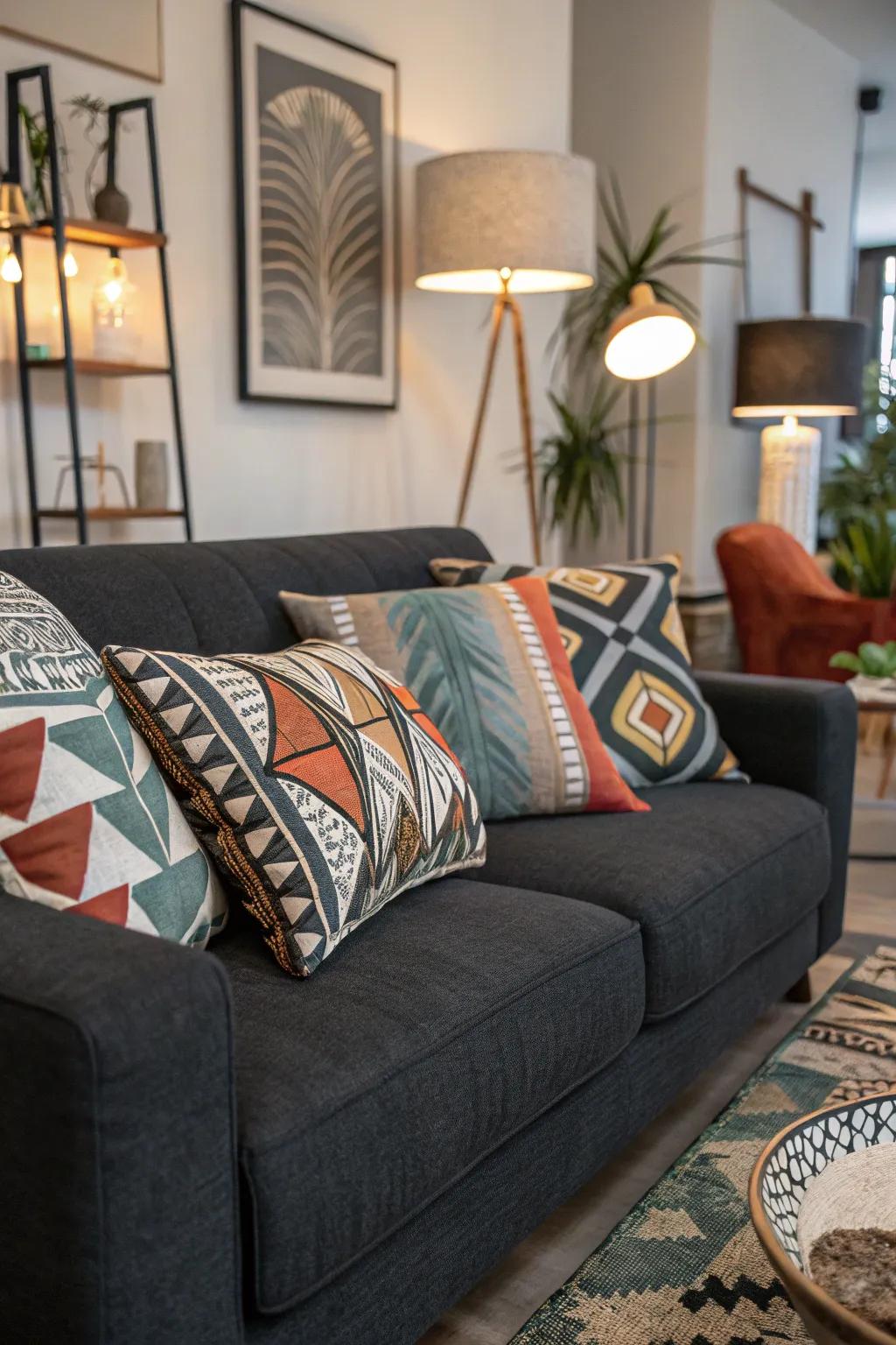 Artistic patterns on cushions add individuality to the dark grey sofa.