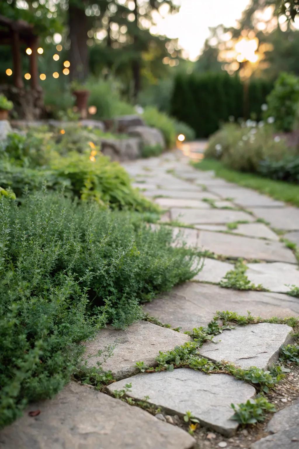 Spreading herbs provide fragrance and beauty to flagstone paths.