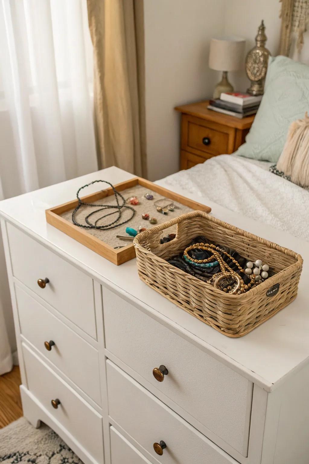 A basket beautifully organizes and displays your jewelry.